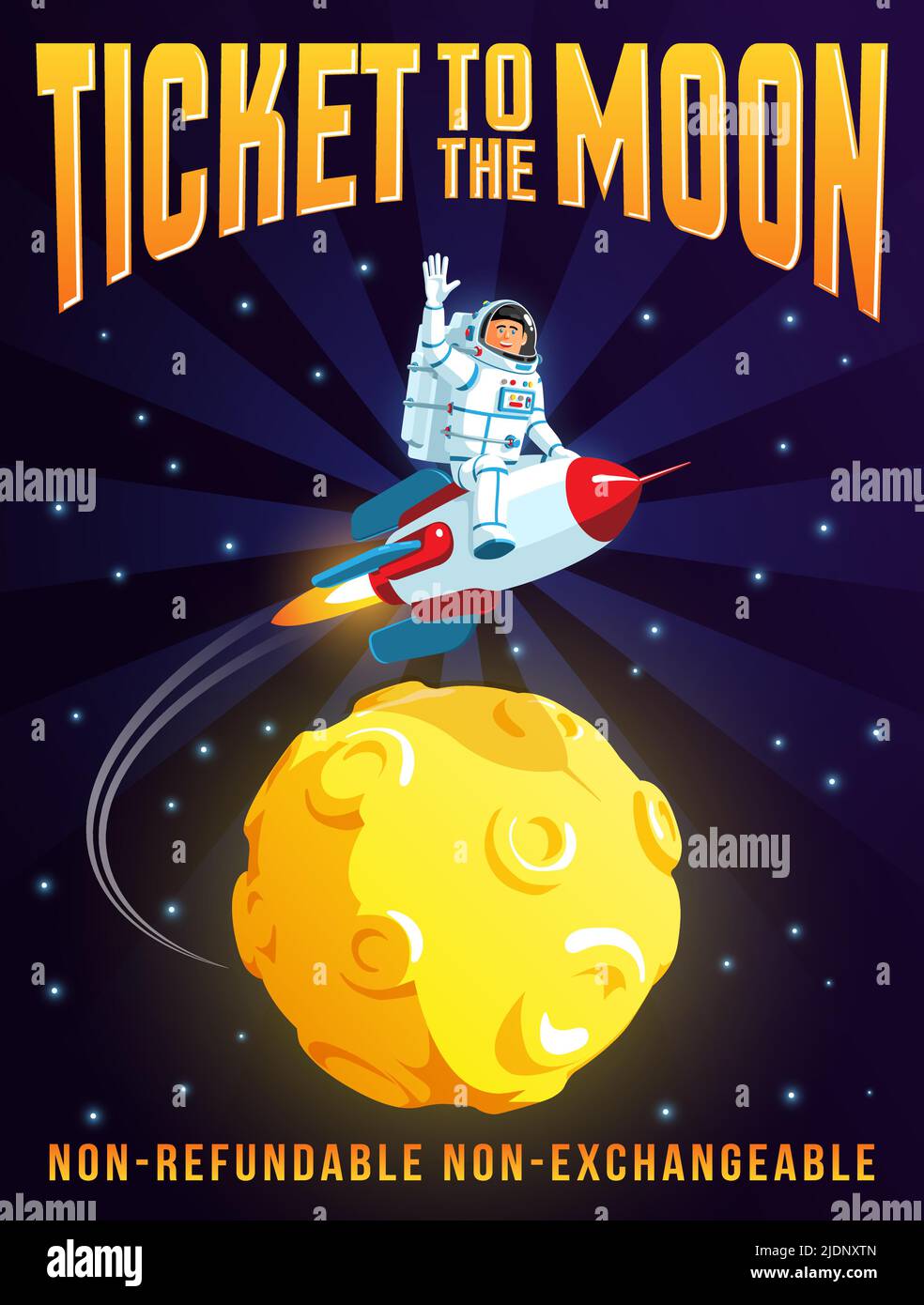 Astronaut riding a rocket flies around the moon Stock Vector