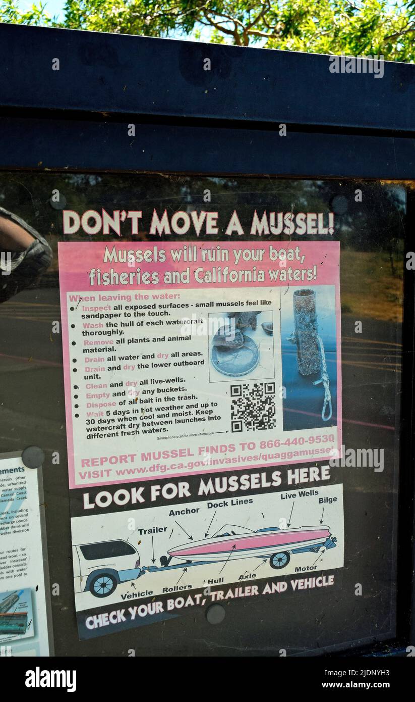 Quagga Mussel  sign at Quarry Lake Regional Recreation Area in Alameda County, California Stock Photo