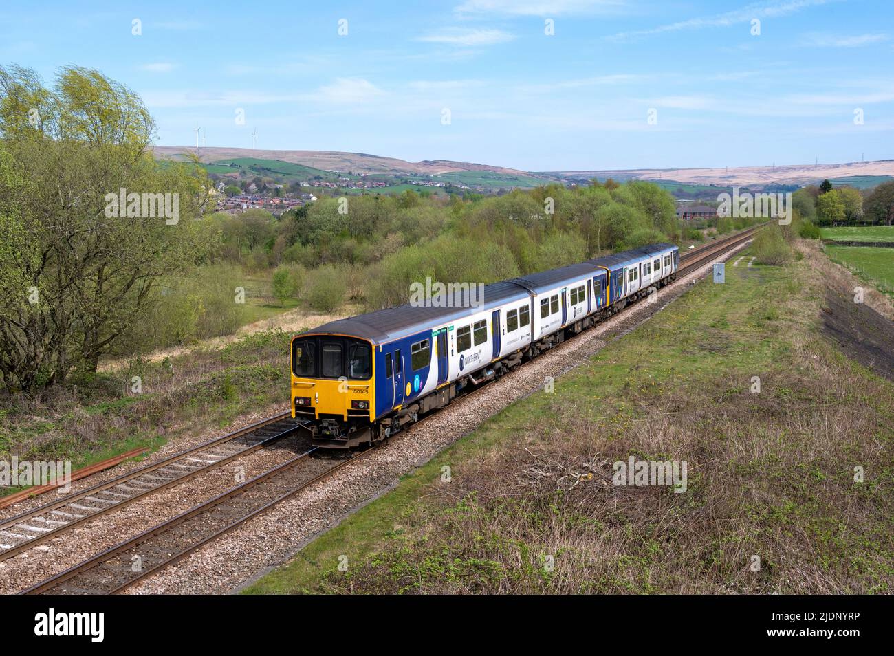Northern Class 150's 150145 150140 2K76 1119 Blackburn to Kirkby passes Smithy Bridge. 20th April 2022. Stock Photo