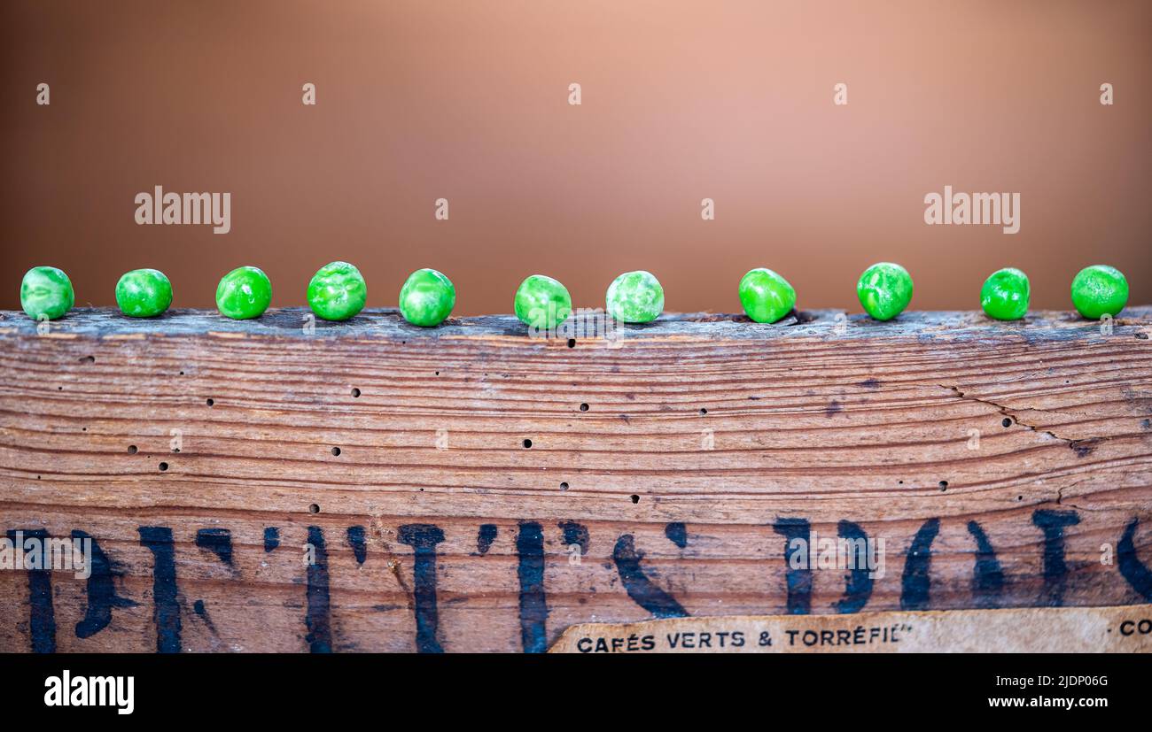 green peas lined up on top of a retro wooden box with 'green peas' written in French Stock Photo
