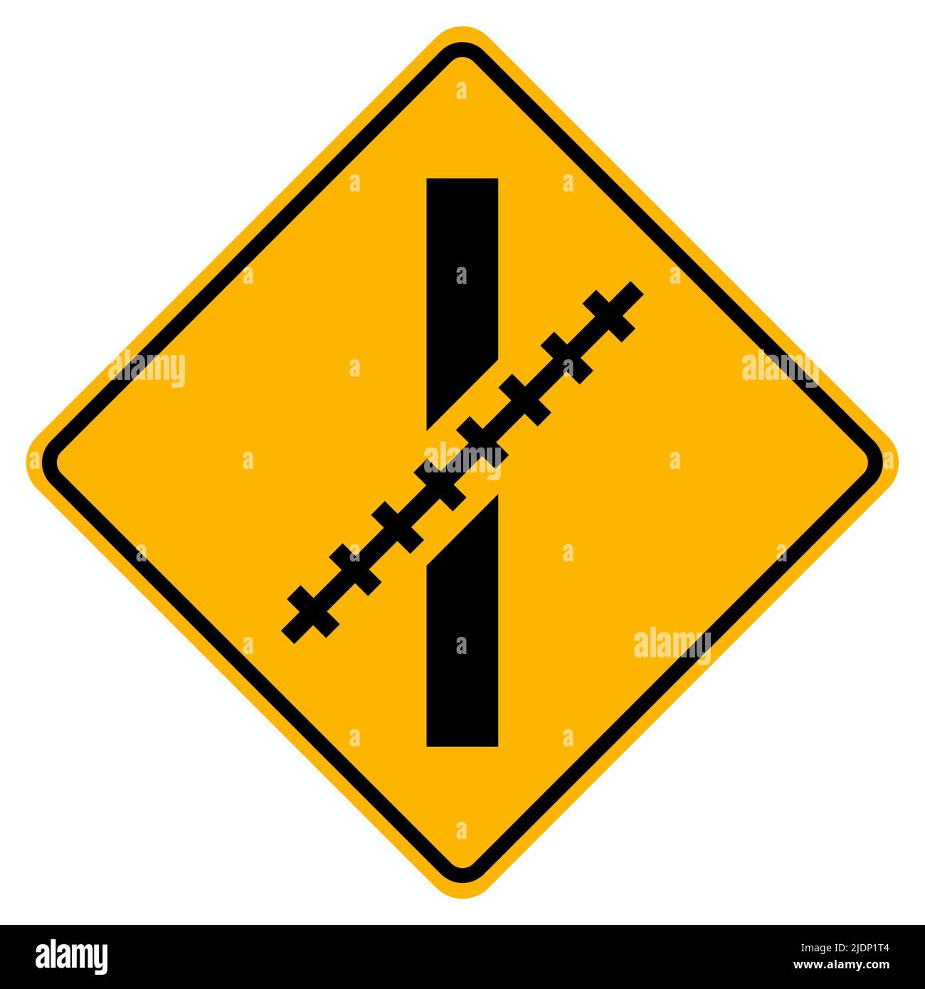 Warning signs Railway Level Crossing at an oblique angle on white background Stock Vector