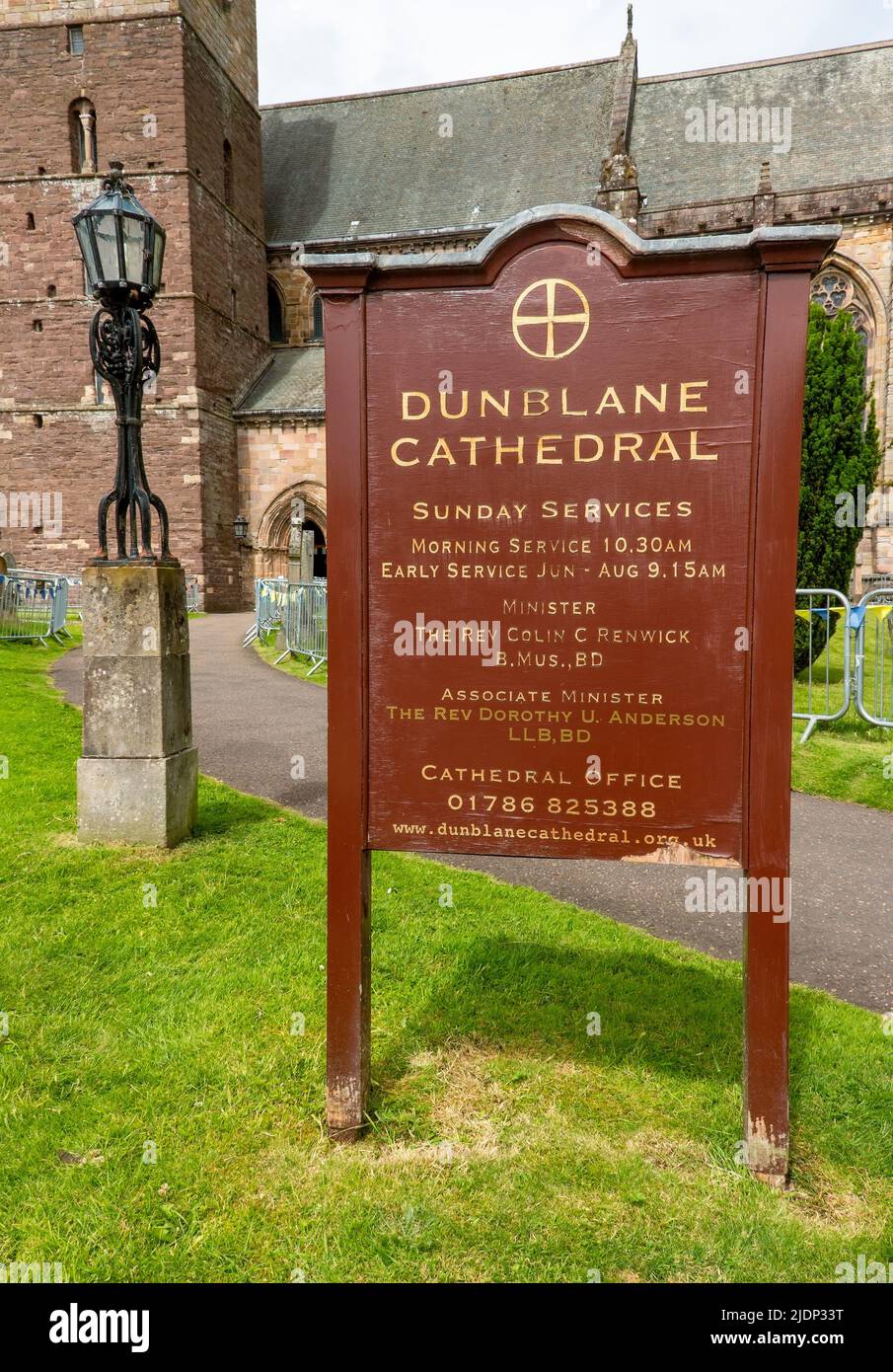 Dunblane Cathedral Sign for information for Sunday Services, Dunblane, Stirlingshire, Scotland, UK Stock Photo