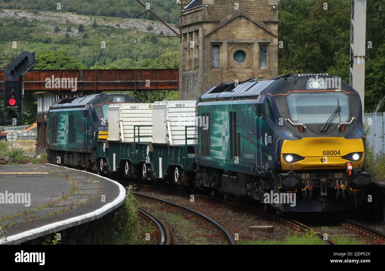 Nuclear flask train, top and tailed by Direct Ral Services class 68 UKLight  diesel-electric locos 68004 and 68001, Carnforth station 22nd June 2022  Stock Photo - Alamy