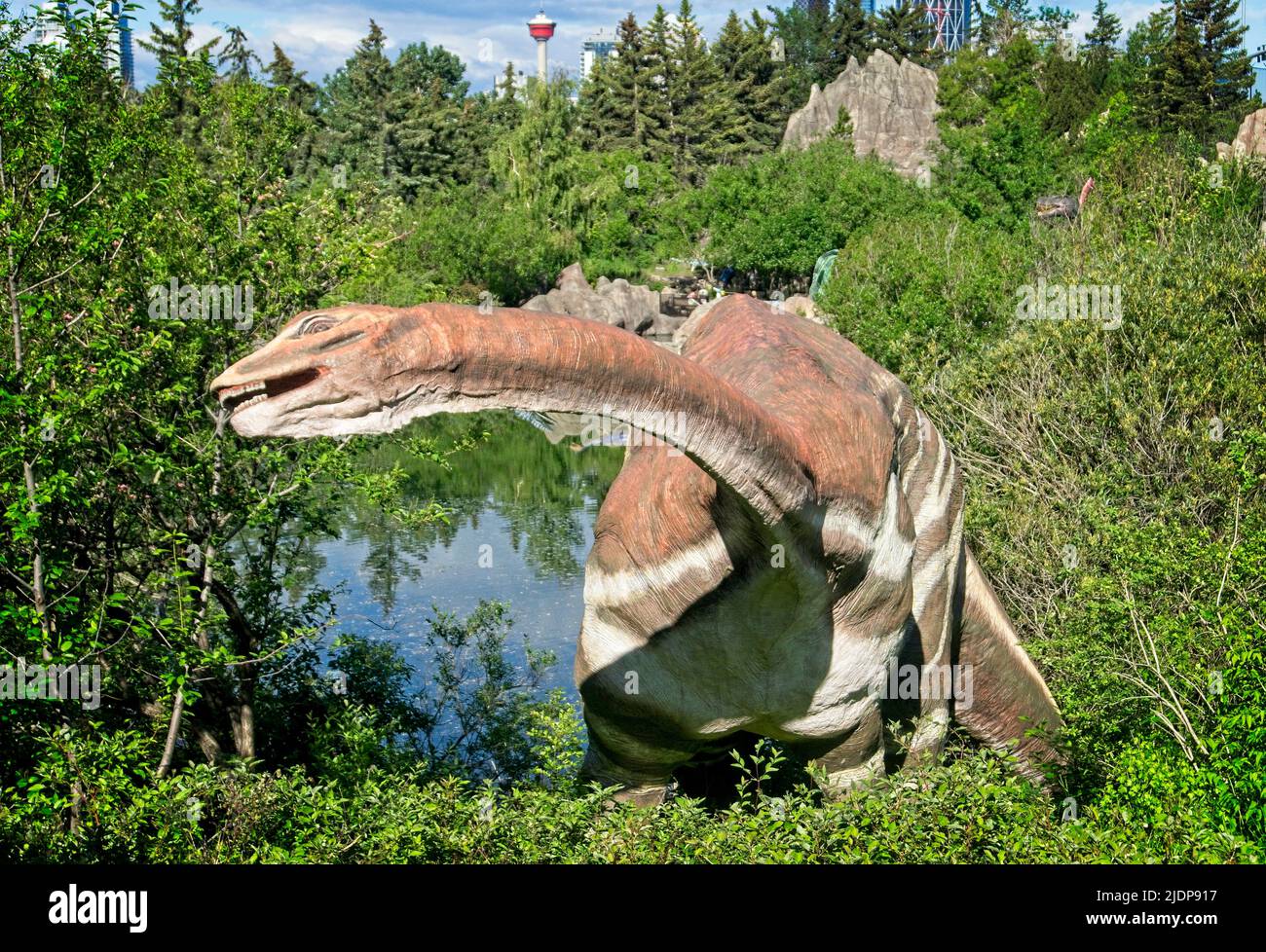Calgary Tower and Theropods Prehistoric Park Calgary Zoo Alberta Stock Photo