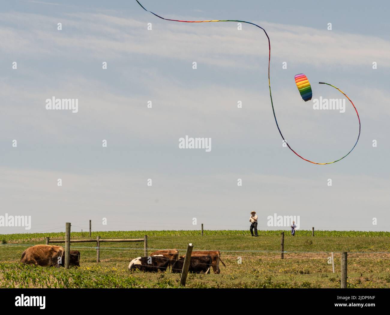 Ronks, Pennsylvania, June 19, 2022- Amish man flying a colorful rainbow kite on Sunday summer afternoon with small child watching Stock Photo