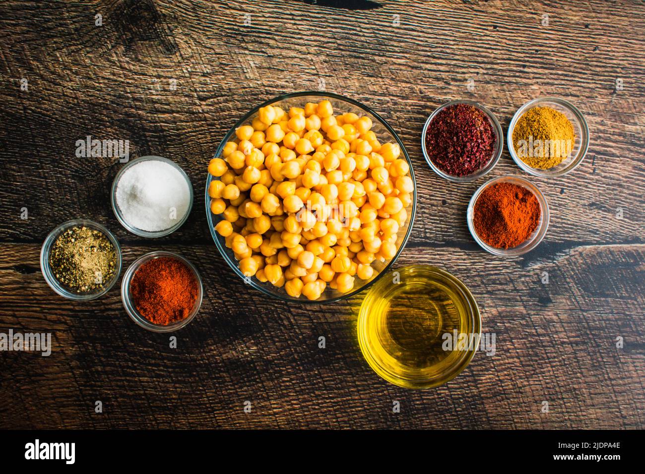 Ingredients for Sumac and Spice Roasted Chickpeas Overhead view of