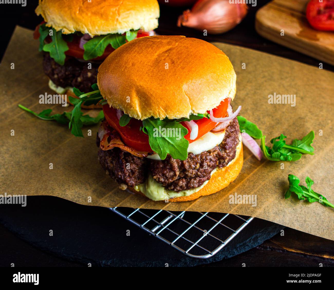 Tuscano Burger Topped with Mozzarella, Pancetta, and Basil Aioli