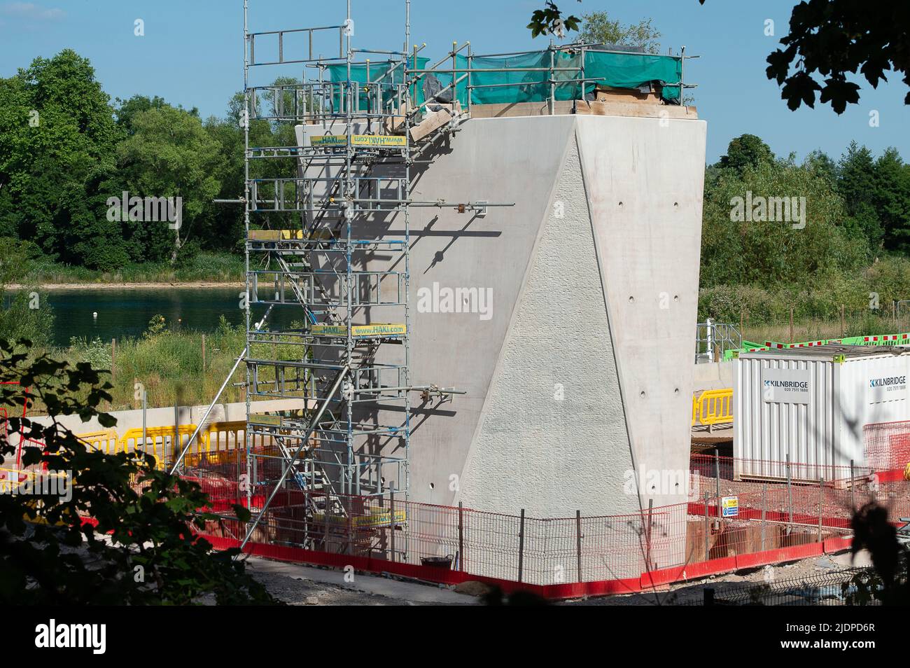 Denham, Buckinghamshire, UK. 22nd June, 2022. Work is continuing on building the bridge piers for the HS2 Colne Valley Viaduct which will be longest railway bridge in the UK. Credit: Maureen McLean/Alamy Live News Stock Photo