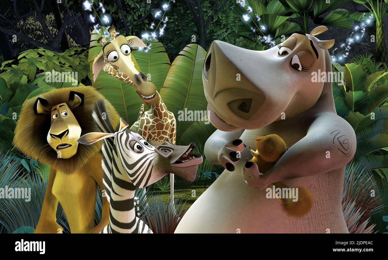 LION,ZEBRA,GIRAFFE,HIPPO, MADAGASCAR, 2005 Stock Photo