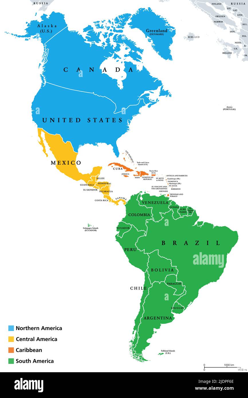 Americas, geoscheme and political map. North American subregion with intermediate regions Caribbean, Northern and Central America, and South America. Stock Photo