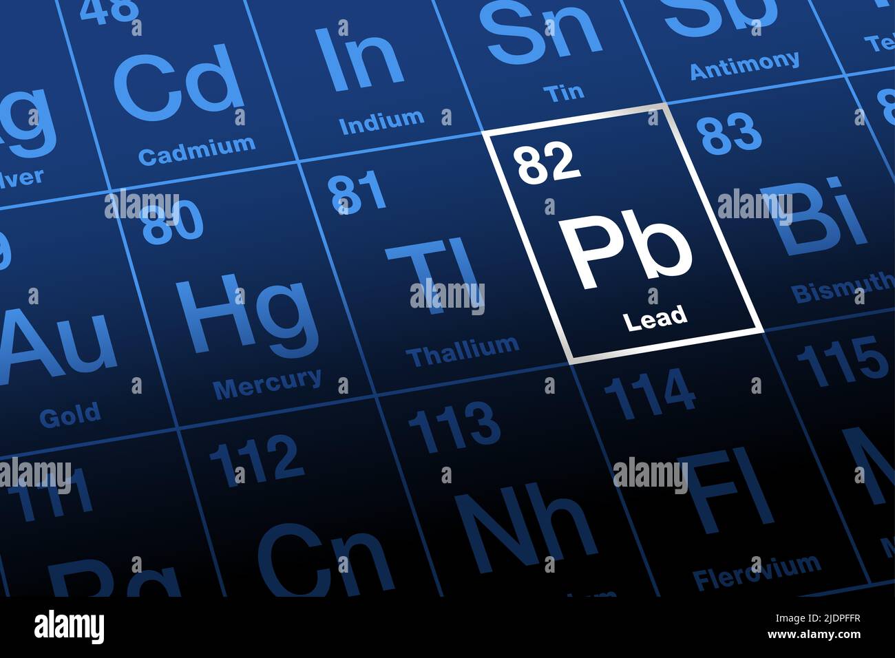 Lead on periodic table. Chemical element with symbol Pb for Latin plumbum, with atomic number 82. Soft, malleable, heavy metal with low melting point. Stock Photo