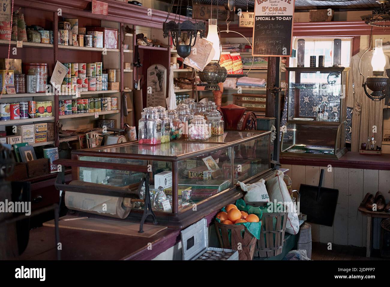 Interior view of an old time, country general store, recreated as a museum display on the grounds of the Lewes, Delaware Historical Society. Stock Photo