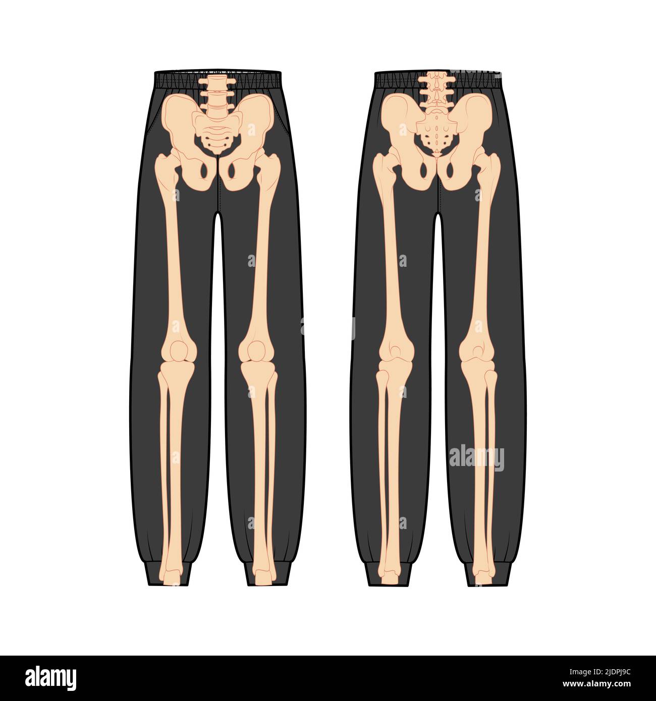 Set of Skeleton costume Human bones on sweatpants front back view men women for Halloween, festivals for printing on clothes for Day of the dead flat black color concept Vector illustration isolated Stock Vector