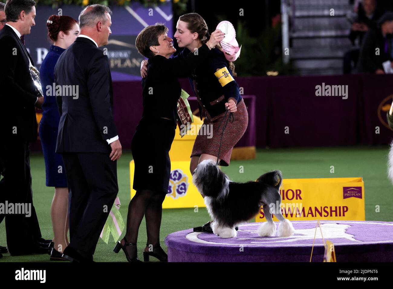 Handler Erin Bernecker and her Lowchen dog are congratulated after winning the Junior Showmanship competition at the 146th Westminster Kennel Club Dog Show at the Lyndhurst Estate in Tarrytown, New York, U.S., June 22, 2022. REUTERS/Mike Segar Stock Photo