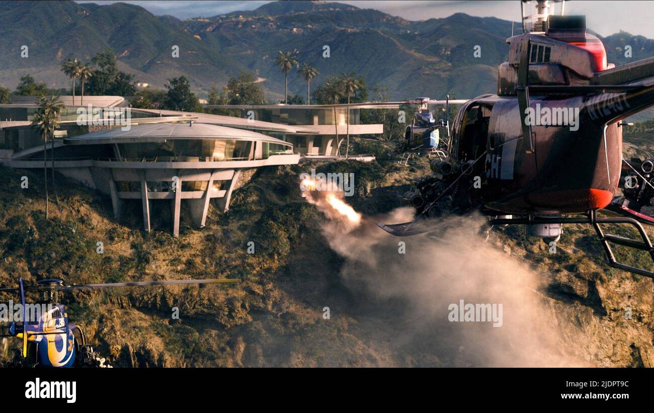 HELICOPTER ATTACK SCENE, IRON MAN 3, 2013, Stock Photo