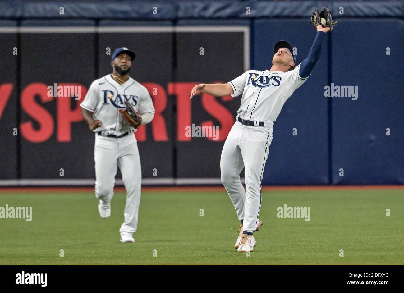 St Petersburg, United States. 22nd June, 2022. Tampa Bay Rays' Randy Arozarena (L) looks on as Taylor Walls grabs a fly ball hit by New York Yankees' Matt Carpenter during the fourth inning at Tropicana Field in St. Petersburg, Florida on Wednesday, June 22, 2022. Photo by Steve Nesius/UPI Credit: UPI/Alamy Live News Stock Photo