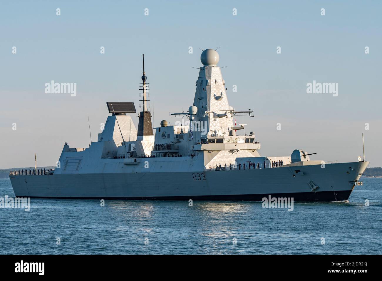 The Royal Navy Type 45 air defence destroyer HMS Dauntless (D33) returned to Portsmouth, UK on 22/6/2022 after engine overhaul at Liverpool, UK. Stock Photo