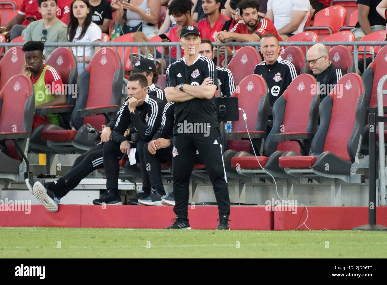 Toronto, Canada. 22nd June, 2022. TFC coach of Toronto Bob Bradley (Robert Frank Bradley) watches as his team plays during the Canadian Championship game between Toronto FC and CF Montreal at BMO Field. The game ended 4-0 for Toronto FC. Credit: SOPA Images Limited/Alamy Live News Stock Photo