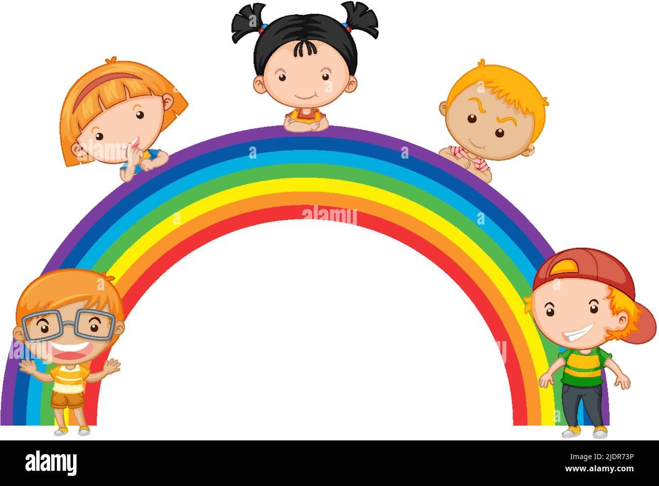 Children standing on rainbow together illustration Stock Vector Image ...