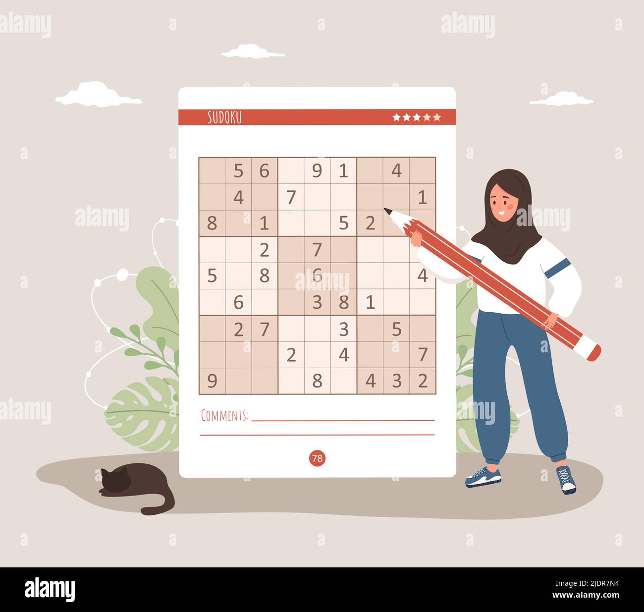 Sudoku game. Arabian woman with giant pencil solves crossword puzzle. Learning and leisure concept. Task for development of logical thinking and Stock Vector