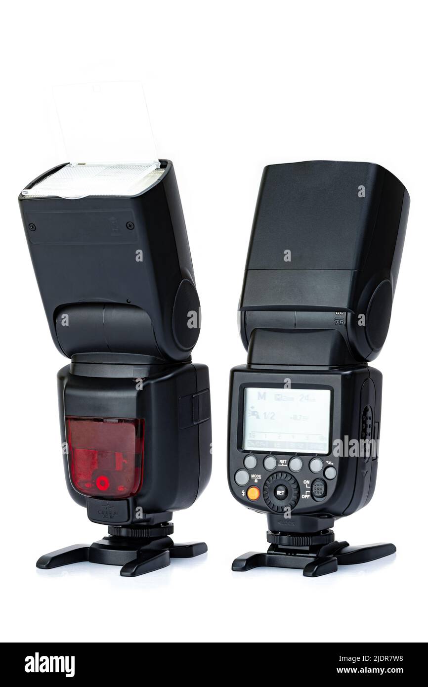 camera flash speedlight isolated on white background Stock Photo