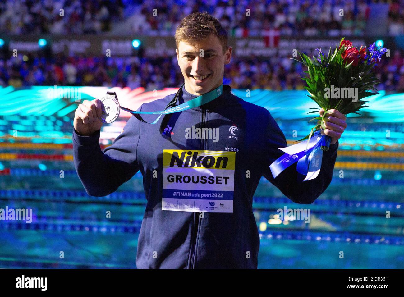 Maxime Grousset of France Podium 100 M Freestyle Men during the 19th FINA World Championships Budapest 2022, Swimming event on June 22, 2022 in Budapest, Hungary. In the 100m NL, Maxime Grousset brought France its fourth world medal in five days of competition. The New Caledonian from Insep, 23, took the silver medal in the queen distance just six hundredths behind the young Romanian prodigy Popovici in 47′’64 for his first individual intercontinental podium. Photo by Laurent Lairys/ABACAPRESS.COM Stock Photo