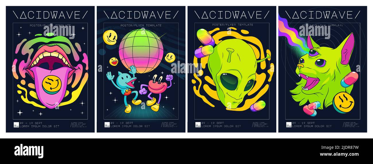 Psychedelic rave trip party banner templates set, martian head and cat with three eyes, mouth with tongue and disco ball, acid backgrounds. Vector cartoon hippie posters with druds Stock Vector