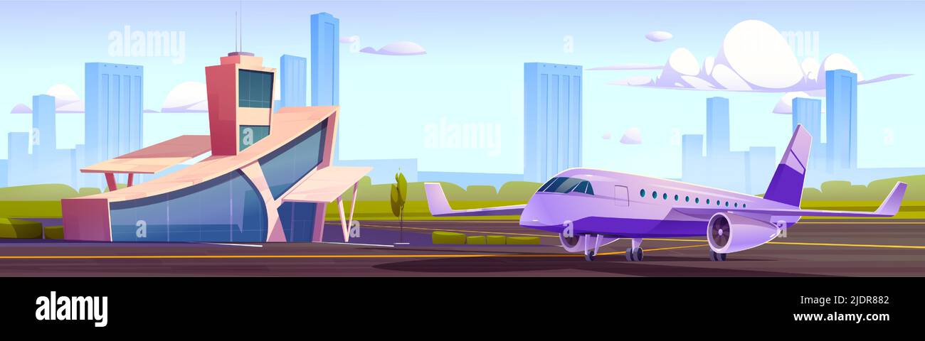 Airport terminal building with dispatcher tower and airplane waiting to flight on runaway. Modern metropolis aerodrome or transport hub infrastructure and air transport, Cartoon vector illustration Stock Vector