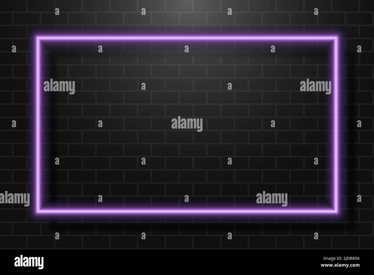 Neon Glowing Rectangle Frame for Banner on Dark Empty Grunge Brick Background Stock Vector