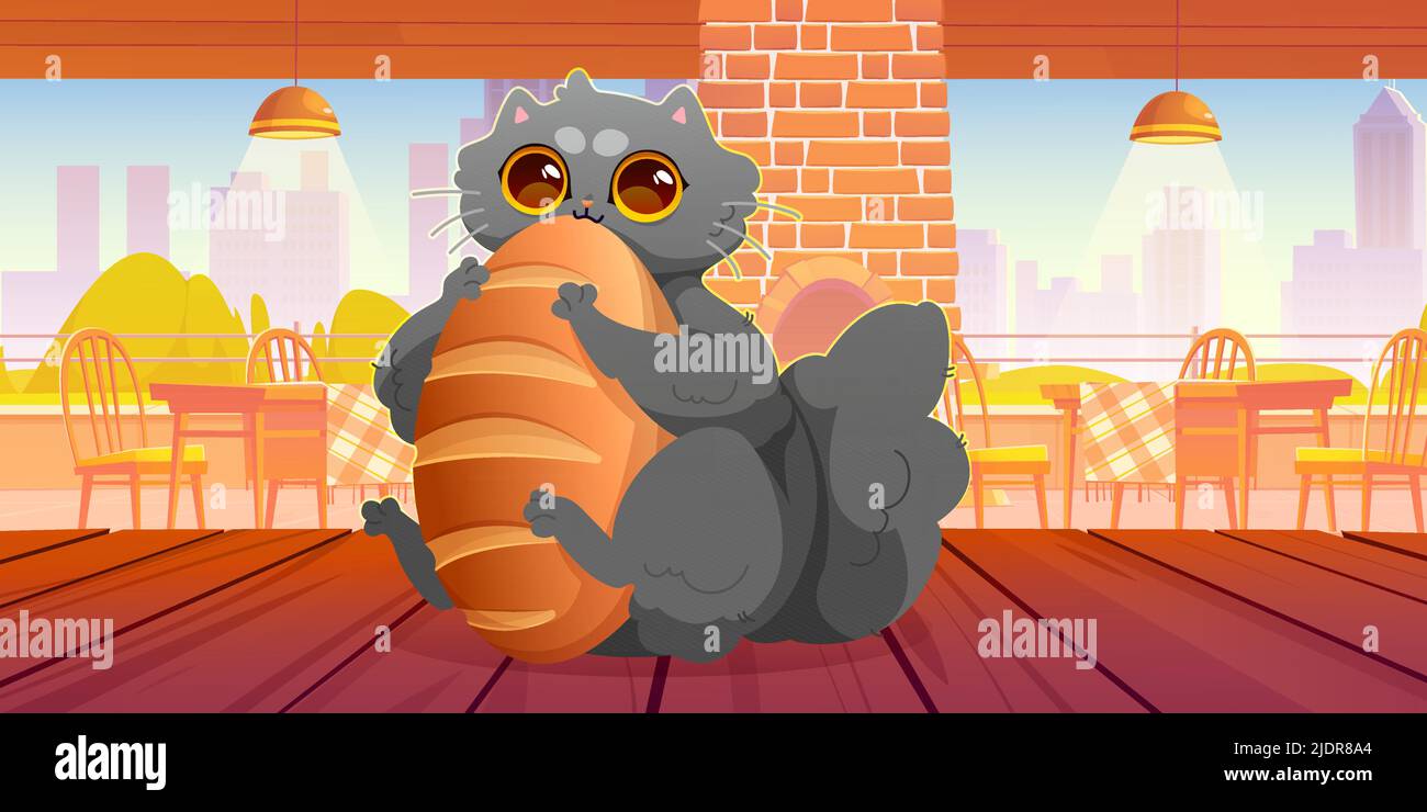 Cute cat eat bread sitting on wooden table in bakery. Vector cartoon illustration of cafe interior with brick stove, tables, chairs and fluffy gray kitten with bun. Funny pet with bread loaf Stock Vector