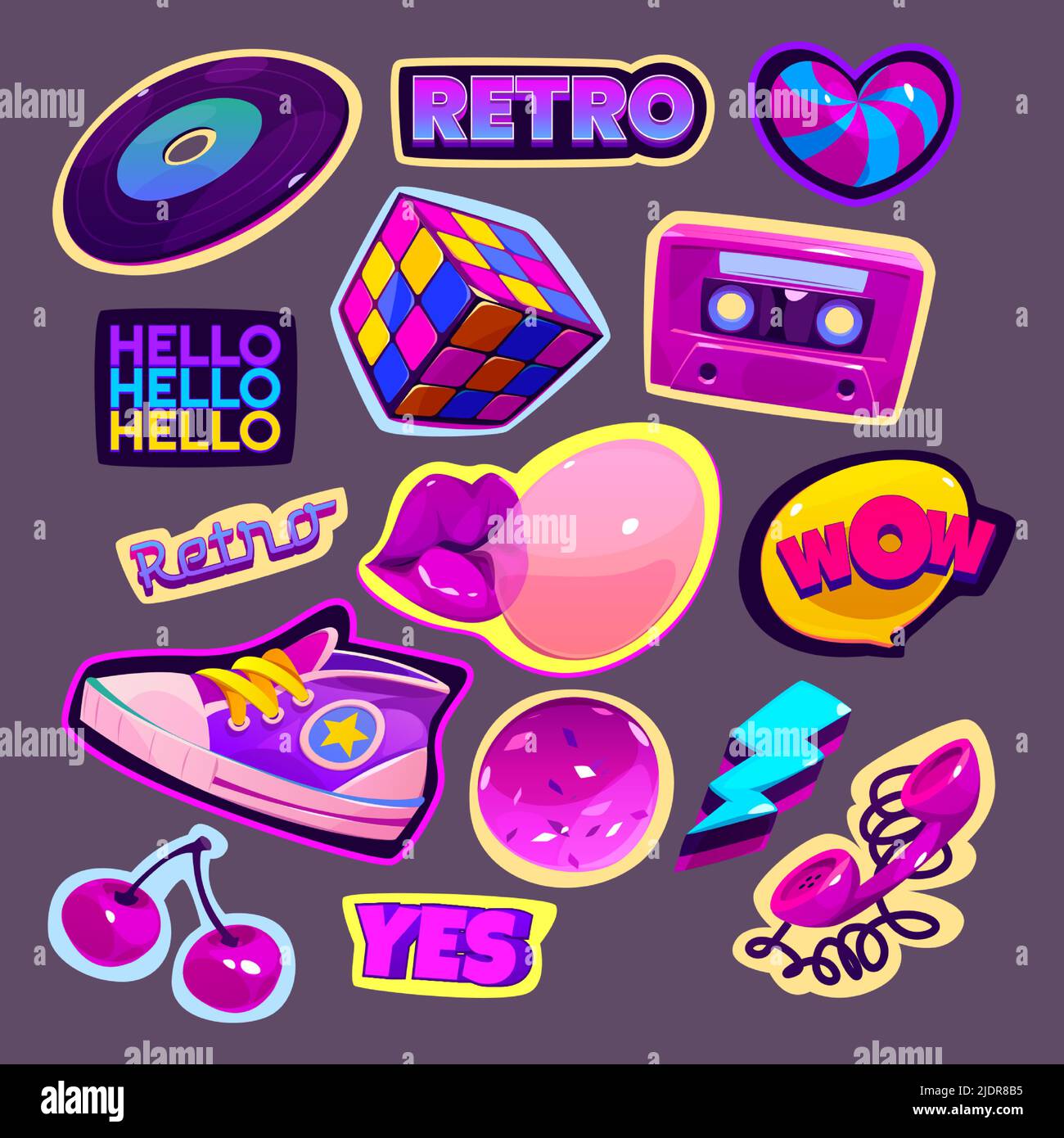 Retro stickers in 90s style. Comic patch badges with lips with bubble gum and Wow speech bubble. Vector cartoon set of cute icons of cassette, vinyl record, rubiks cube, candies and sneakers Stock Vector