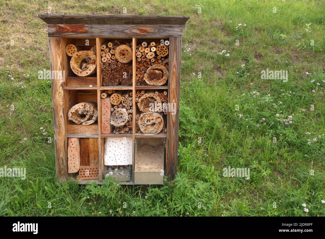 An insect hotel, also known as a bug hotel or insect house, is a manmade structure created to provide shelter for insects and preserve biodiversity Stock Photo