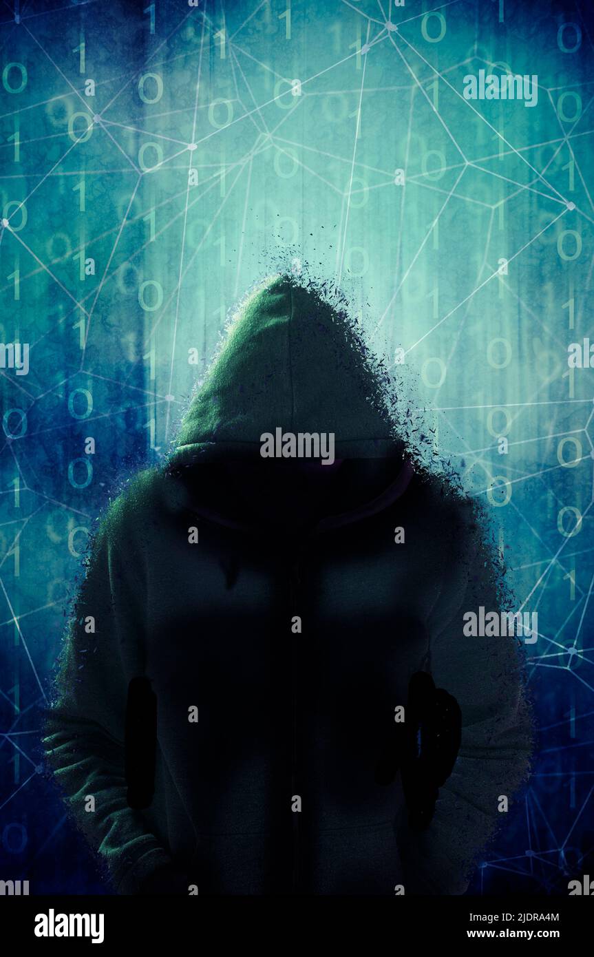 hooded man with binary digits, computer hacker and hacking concept Stock Photo