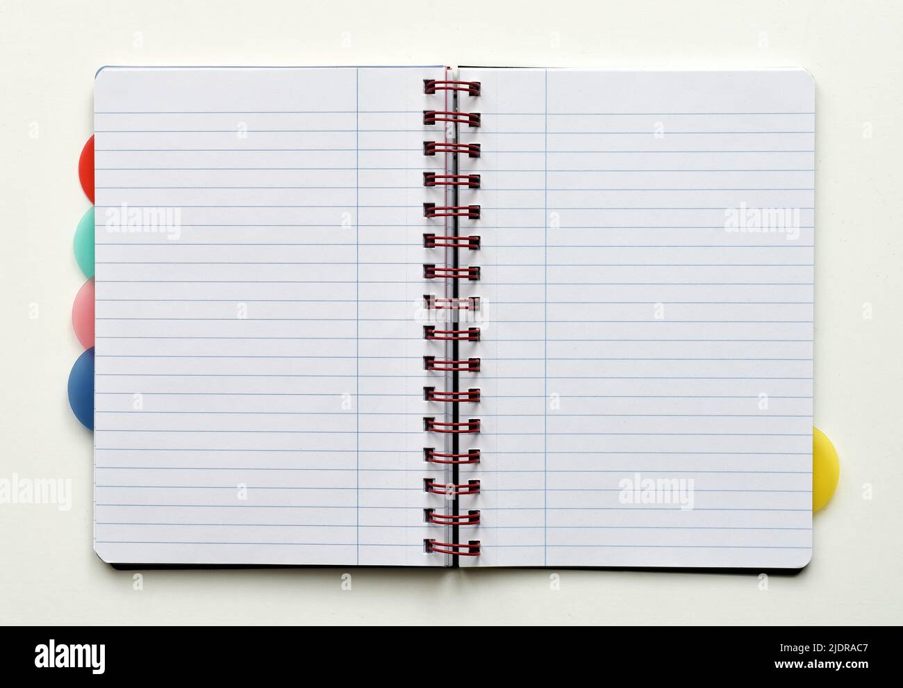 Open notebook with white lined pages, isolated on white background Stock Photo