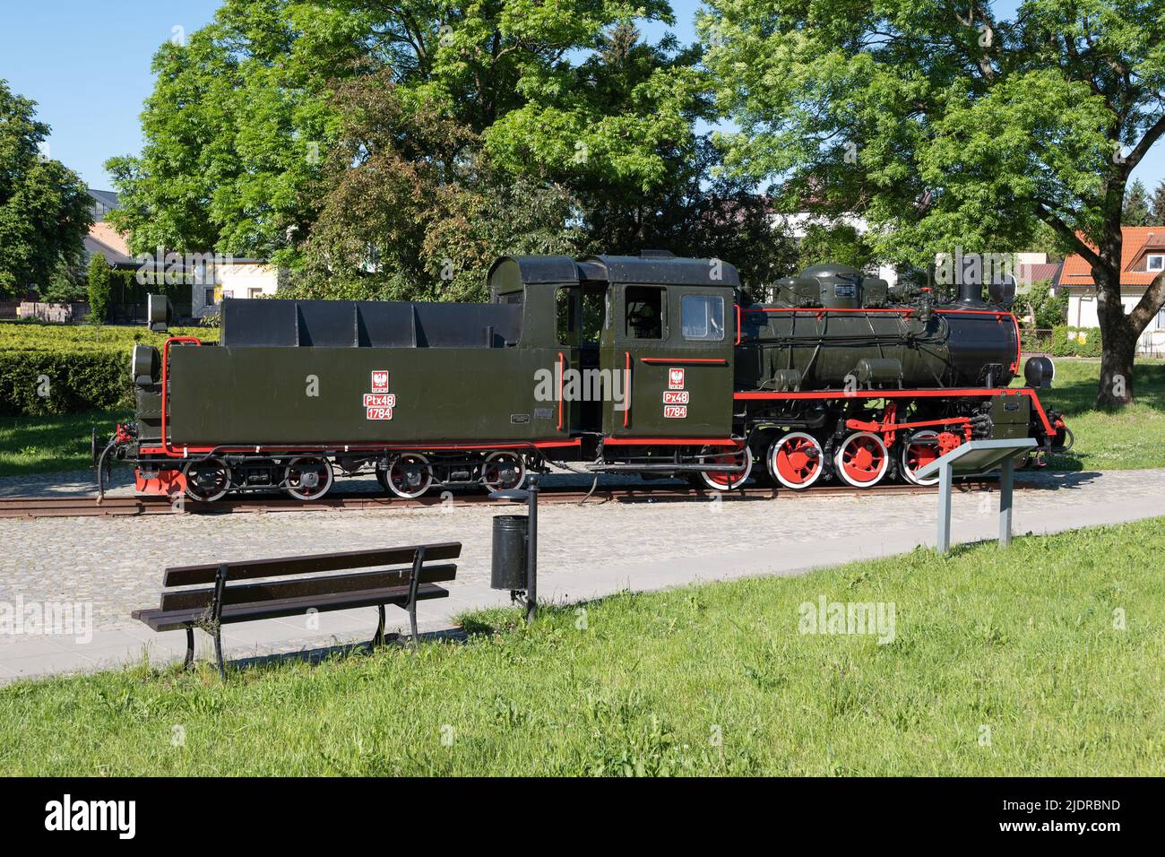 Ciechanów, Poland, Steam locomotive Px48-1784, free access monument in city park. Stock Photo