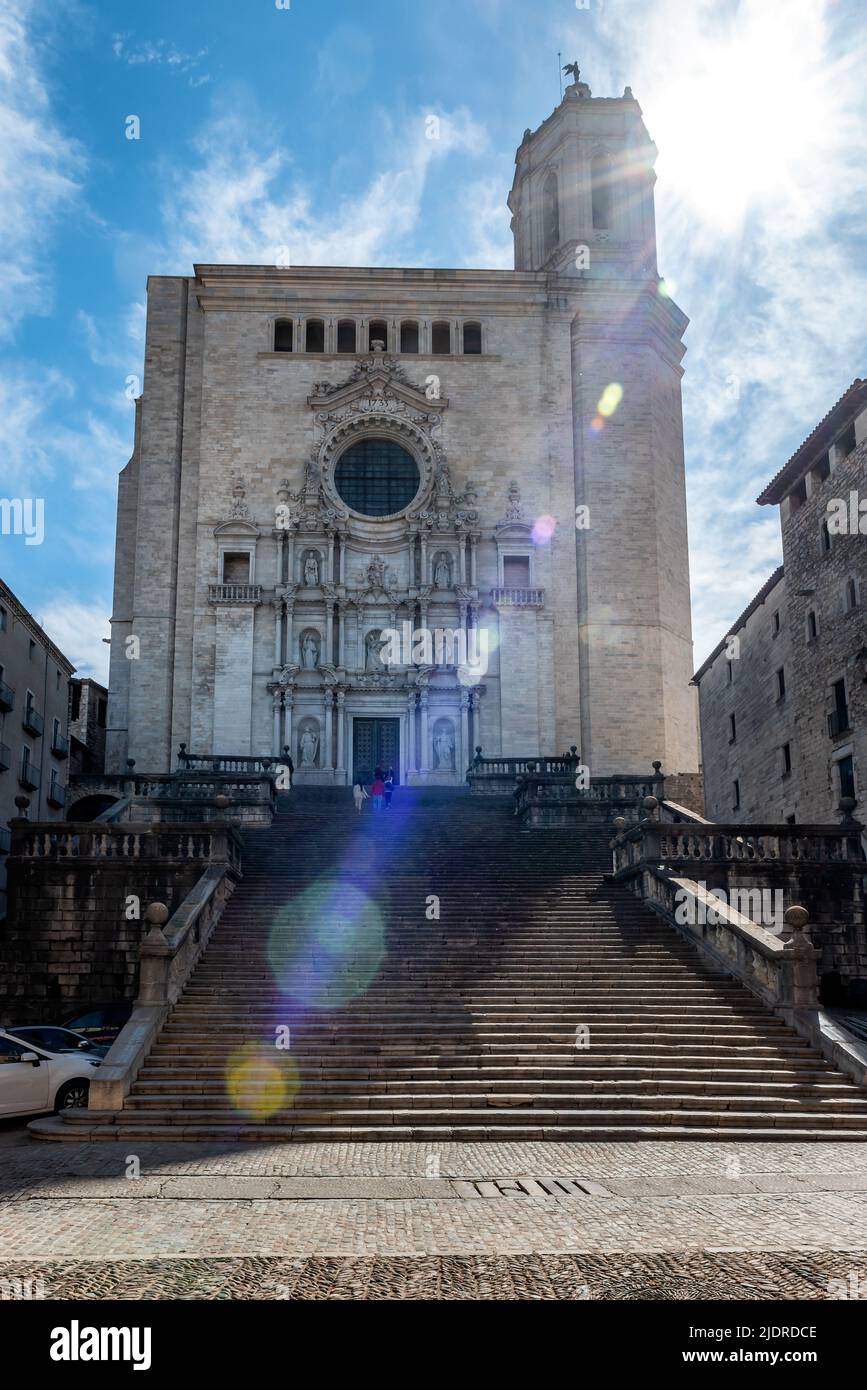 Impressive staircase to the Baroque building of the Cathedral of Saint Mary of Girona, Catalonia, Spain Stock Photo