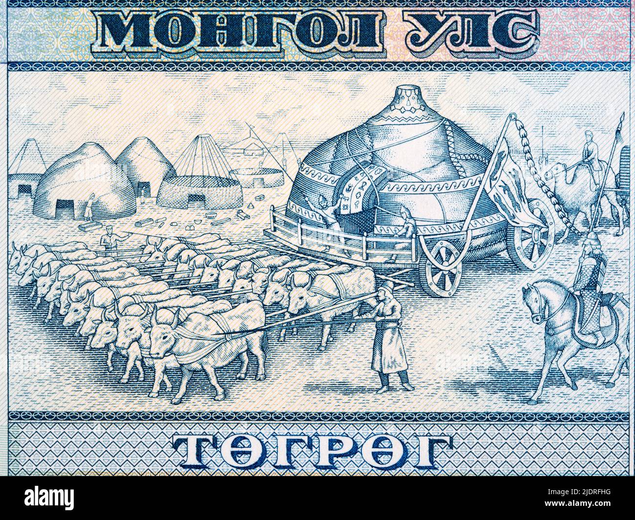 Mongolian yurts in motion from money - Tugrik Stock Photo