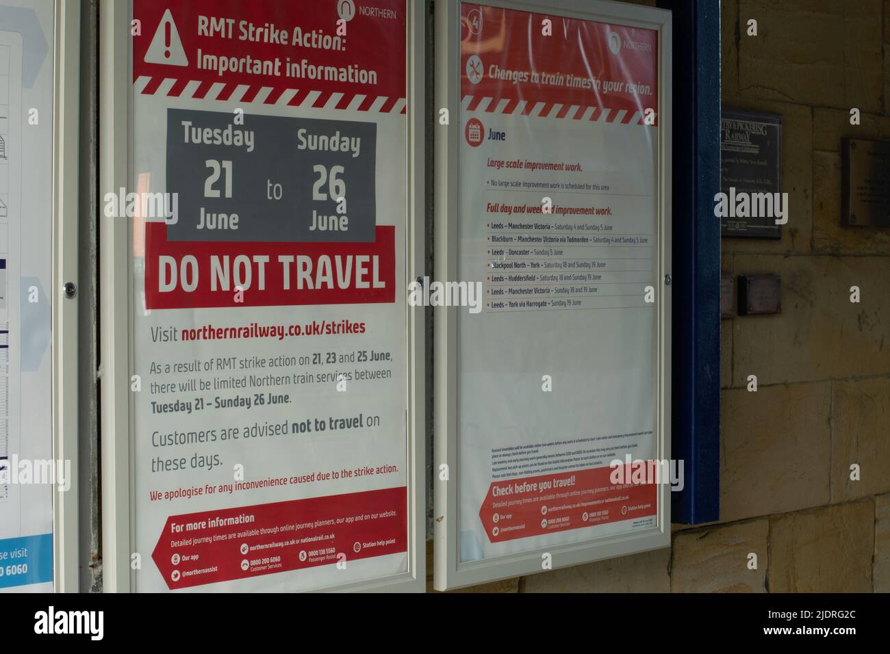 Sign with text Do Not Travel. Whitby Railway Station on first day of RMT national strike. Yorkshire UK Stock Photo