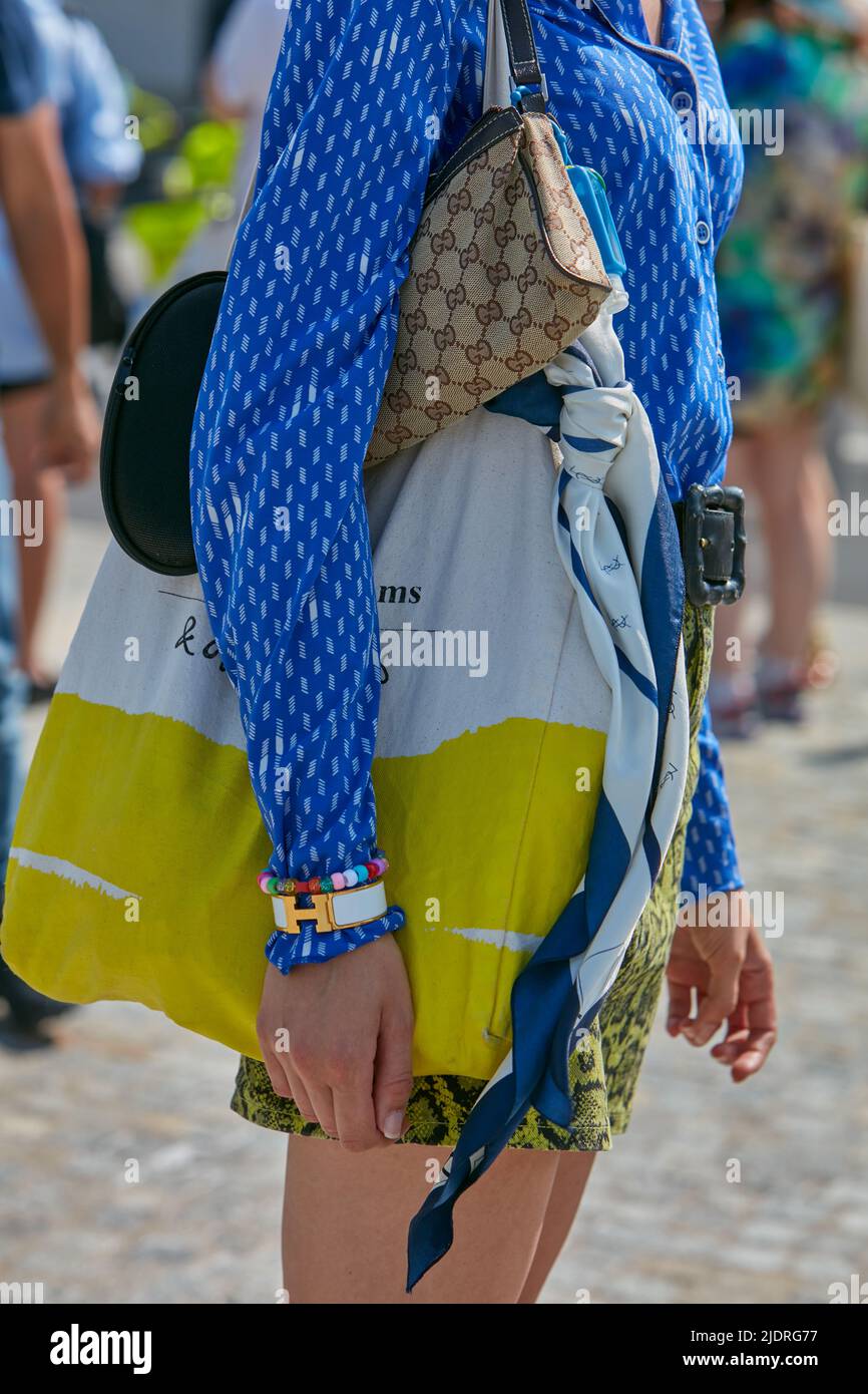 MILAN - JUNE 18: Man with Louis Vuitton bag in hand and Hermes belt before  Fendi fashion show, Milan Fashion Week street style on June 18, 2018 in Mil  Stock Photo - Alamy