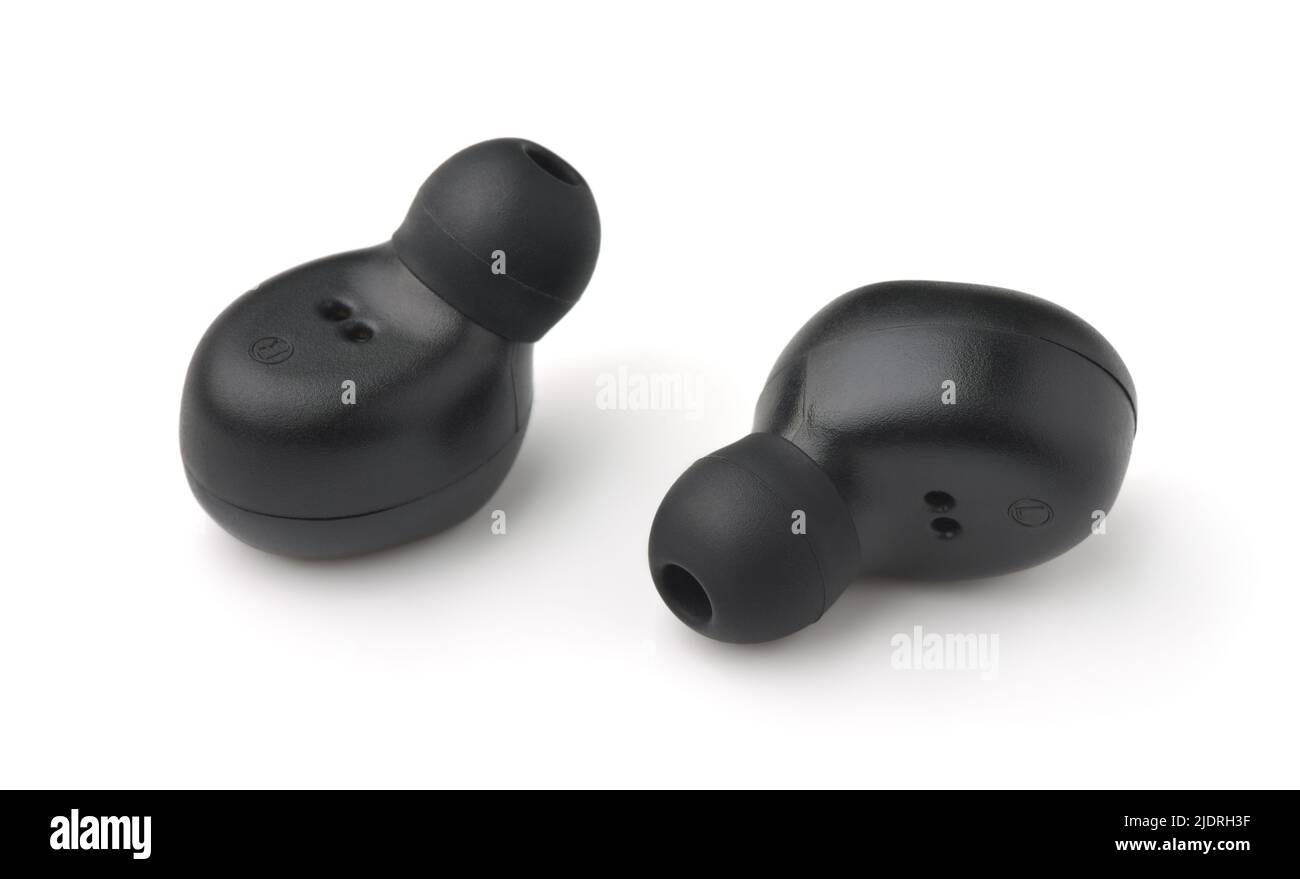 Pair of black true wireless TWS earbuds isolated on white Stock Photo
