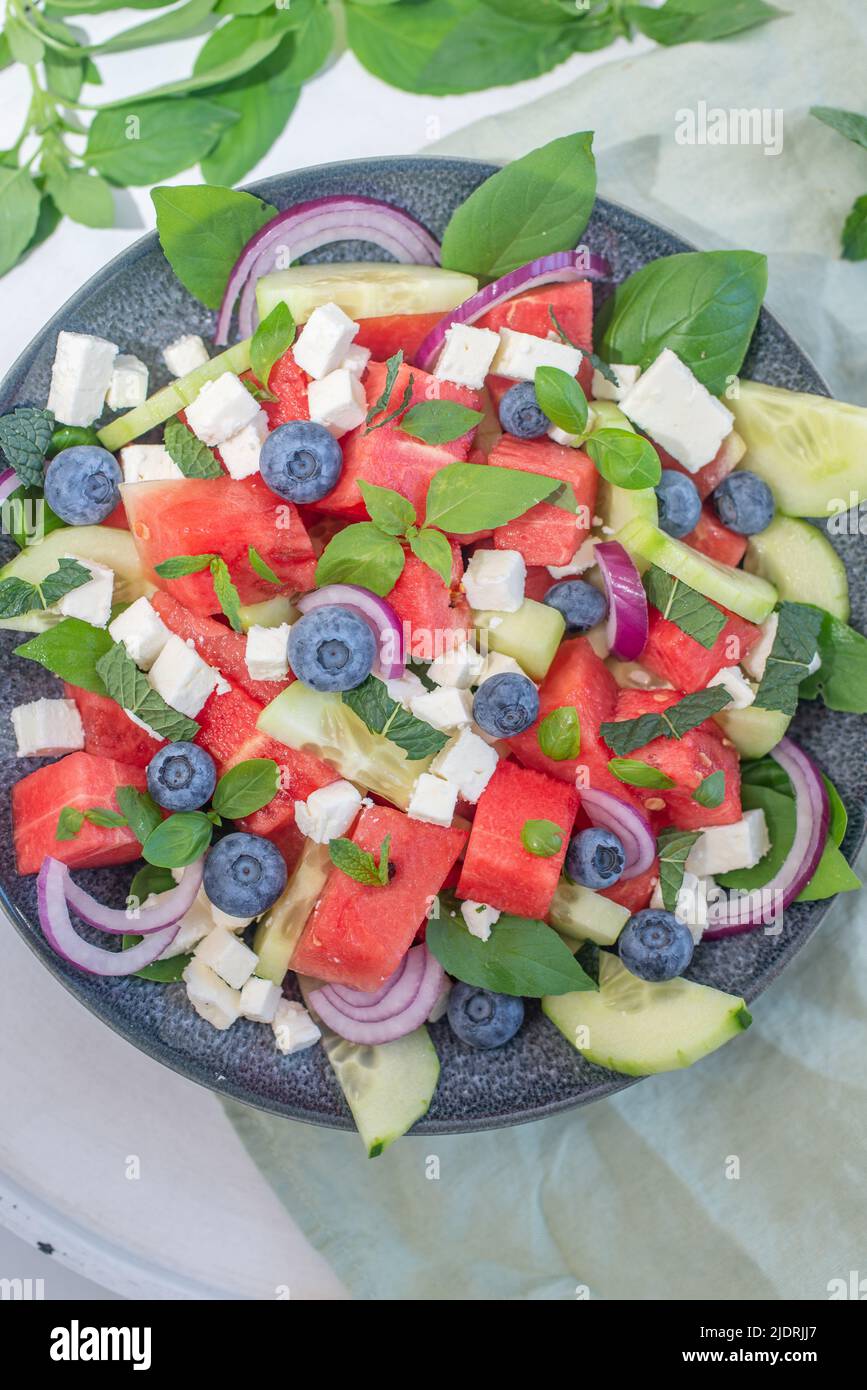 watermelon salad with feta and blueberries Stock Photo