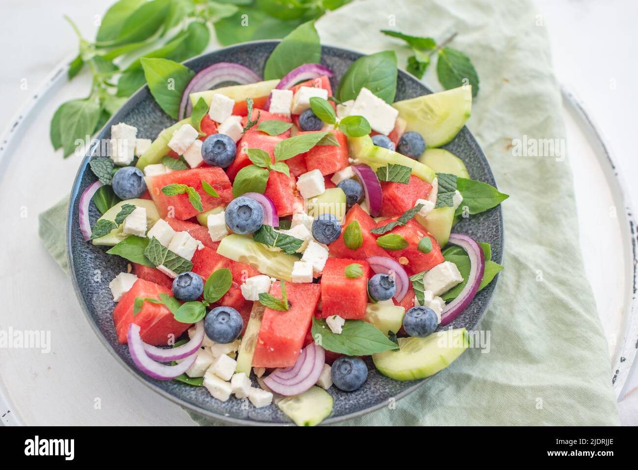 watermelon salad with feta and blueberries Stock Photo