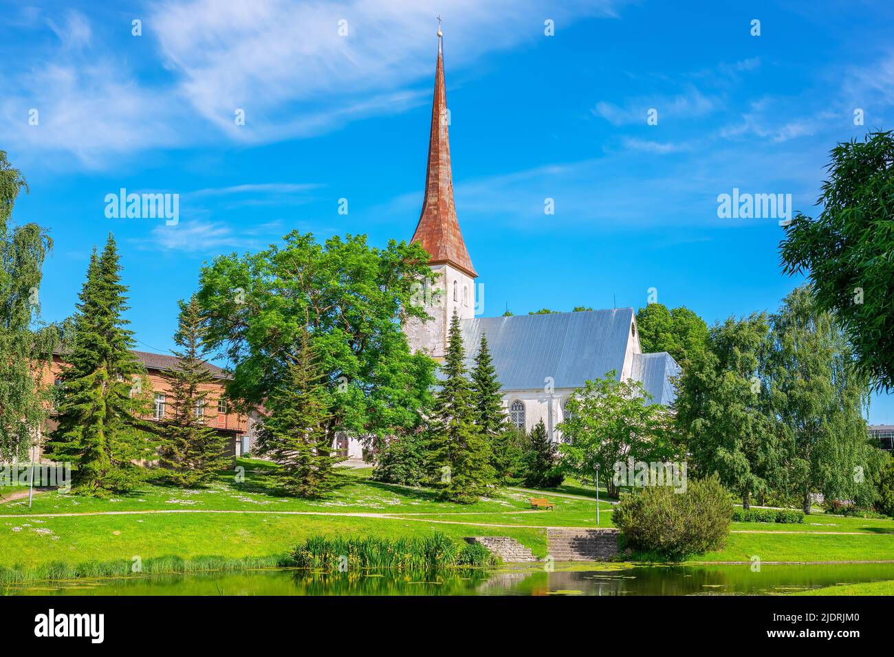 St. Trinity Church building and green park in Rakvere. Estonia, Baltic states Stock Photo