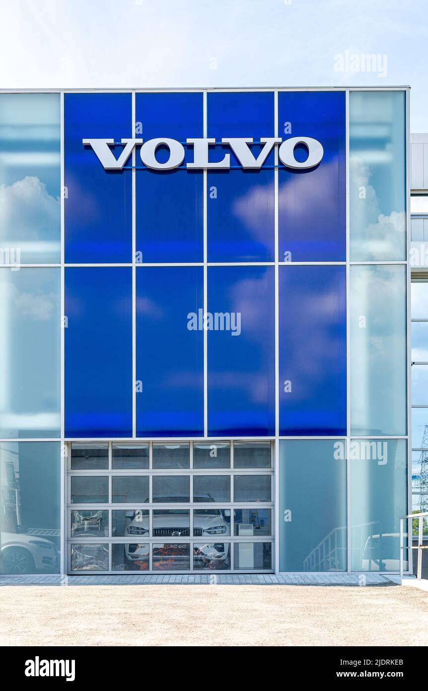 Samara, Russia - June 18, 2022: Volvo signboard on the office of official dealer. Volvo is a Swedish multinational automaker company Stock Photo