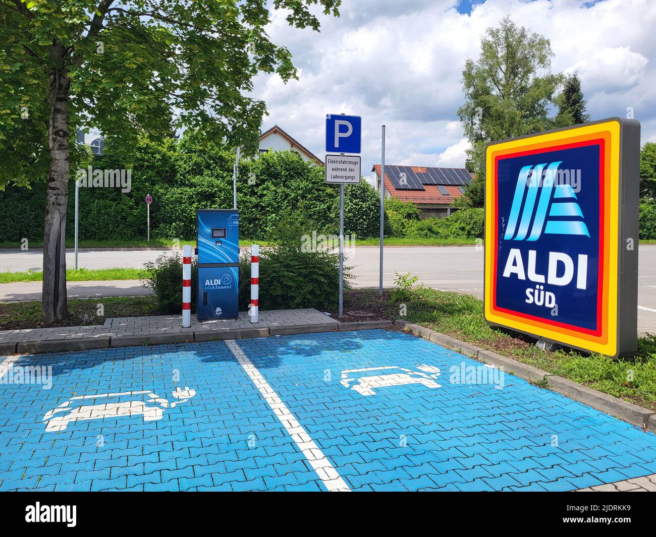 MUNICH, GERMANY, JUNE 2022 Aldi Charger for free electric car loading