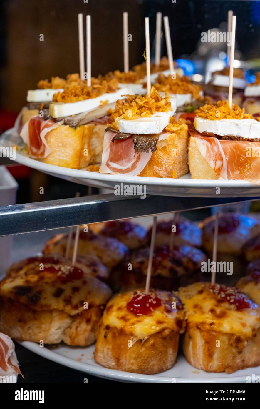 Assortment of typical snacks of Basque Country and Navarre, pinchos or