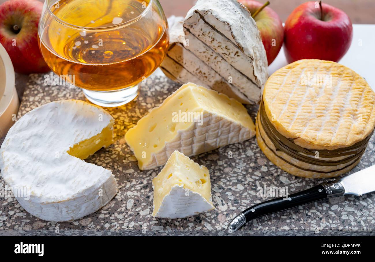 Cow cheeses of Normandy region camembert, livarot, neufchatel, pont l