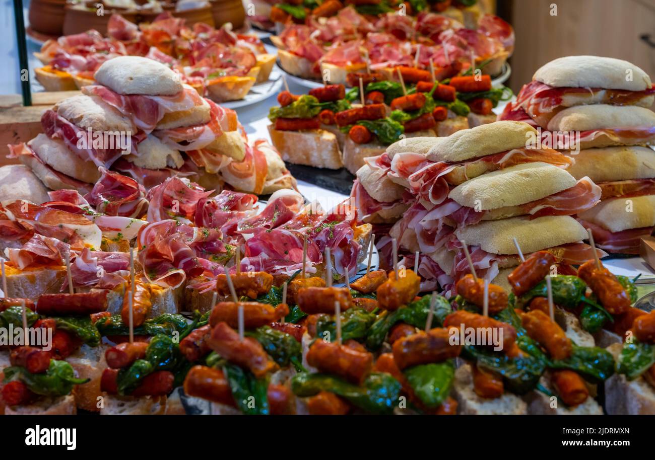 Assortment of typical snacks of Basque Country and Navarre, pinchos or