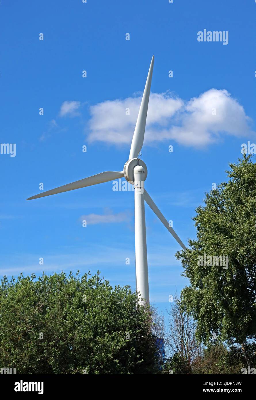 EWT single wind turbine,Gemini,M62,retail park,Warrington,built in Hoogland, Netherlands,generating clean electricity Stock Photo