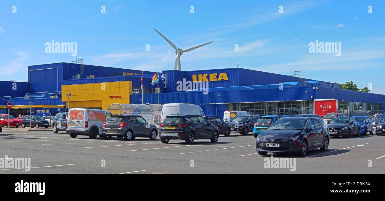 IKEA furniture store, Warrington, with wind turbine,generating clean electricity, 910 Europa Blvd, Westbrook, Warrington, Cheshire ,UK, WA5 7TY Stock Photo